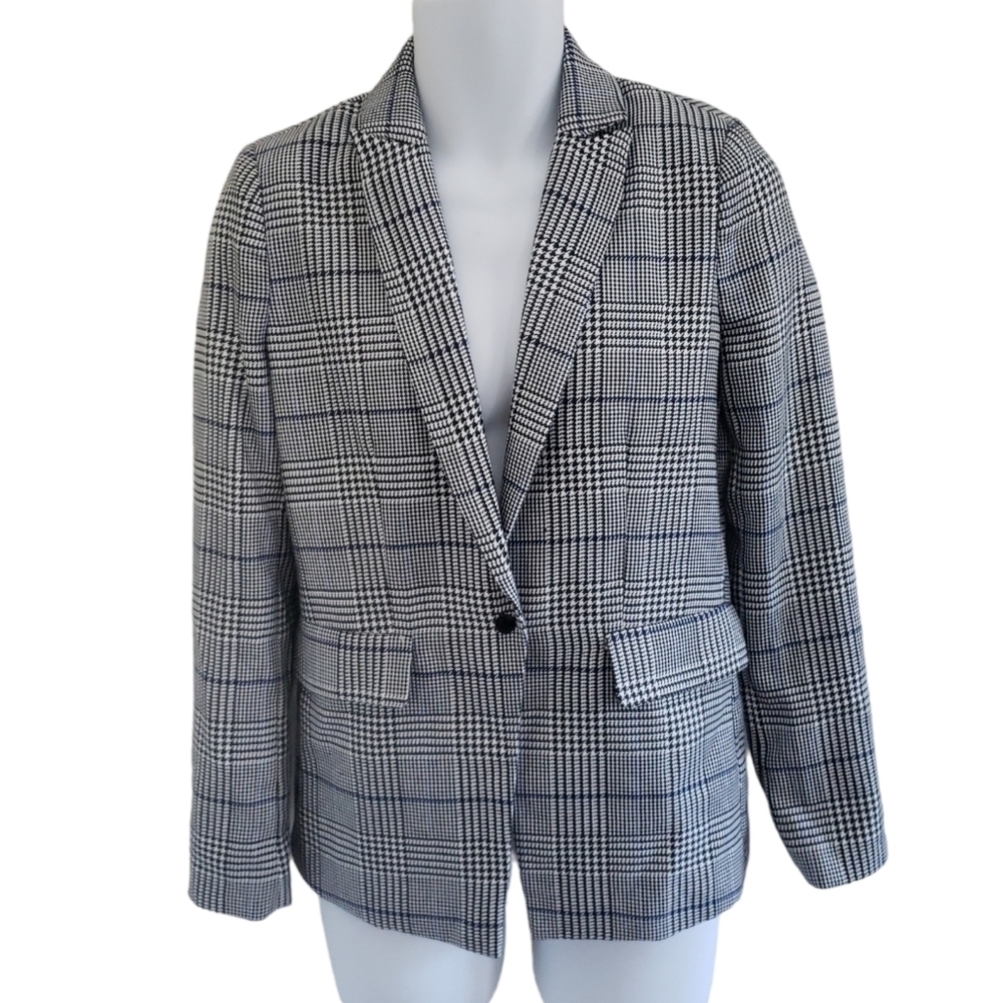 AQUA Plaid Academia Office Professional Notched Lapel Relaxed Blazer - Women's